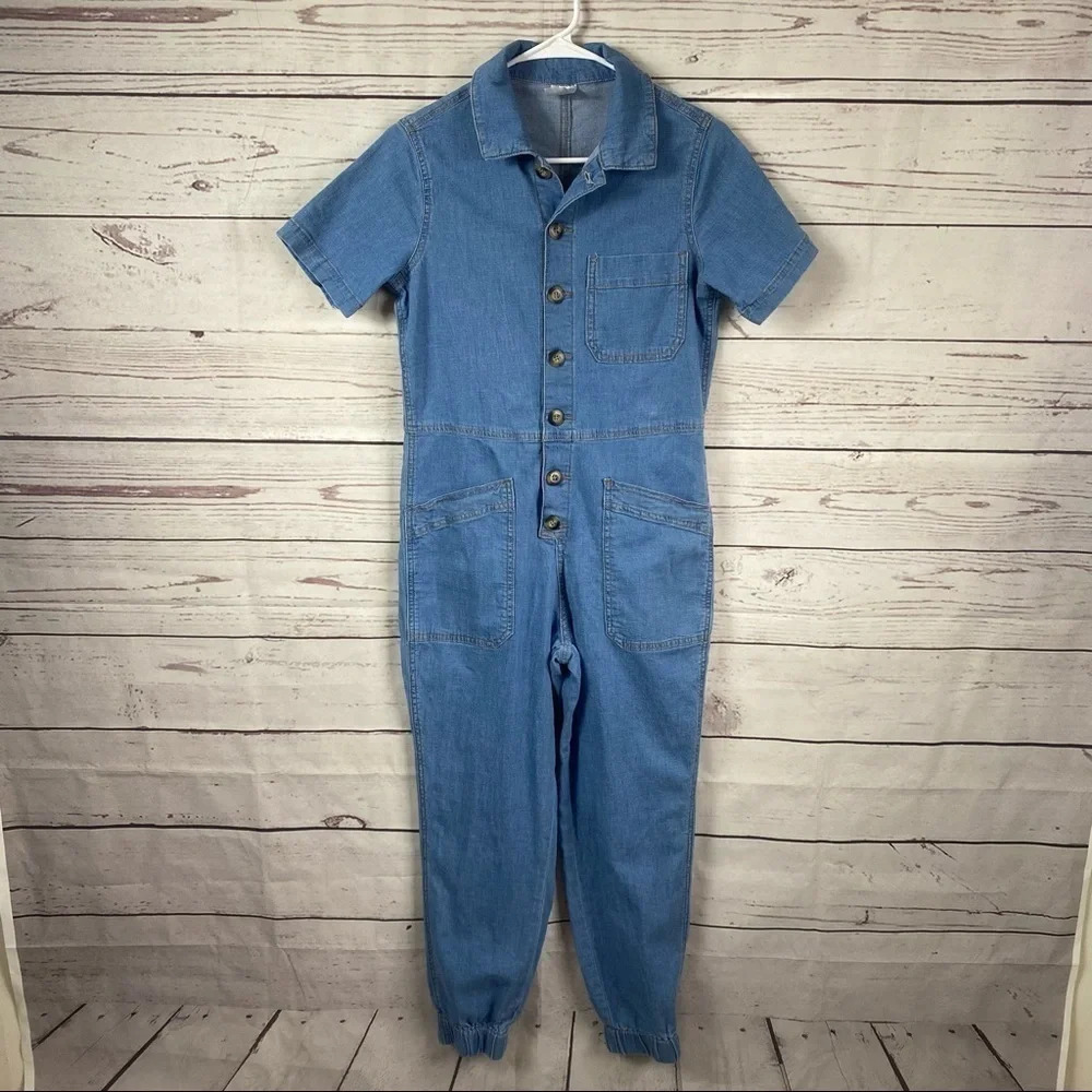 NO Boundaries blue denim stretchy short sleeve onesie bodysuits romper overall